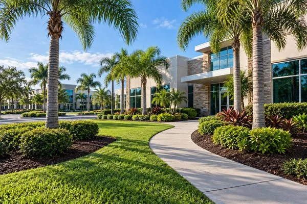 Commercial office park entrance with fresh mulch beds, healthy turf, trimmed palms and a clean walkway.